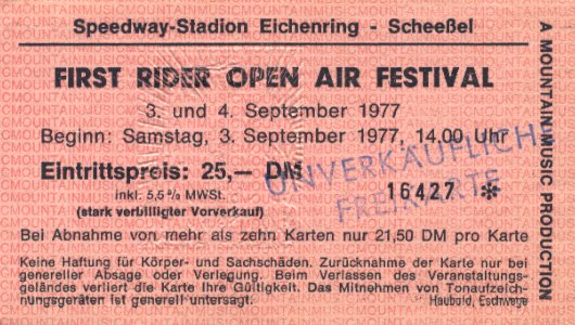 1977-09-03 Golden Earring ticket#16427 September 03 1977 Scheessel - First Rider Open Air Festival